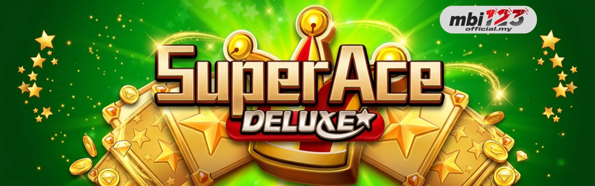 Green banner with golden cards, coins, red crown, and 3D “Super Ace DELUXE” text.
