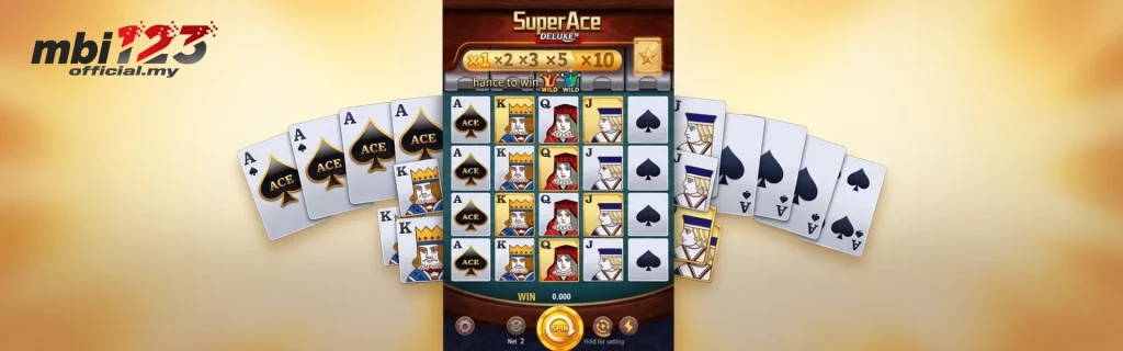 Online slot interface for Super Ace Deluxe displaying a 5x4 grid of face cards and spade suits surrounded by fanned-out Ace cards, multiplier meters up to 10x, and a golden spin button against a warm glowing background.