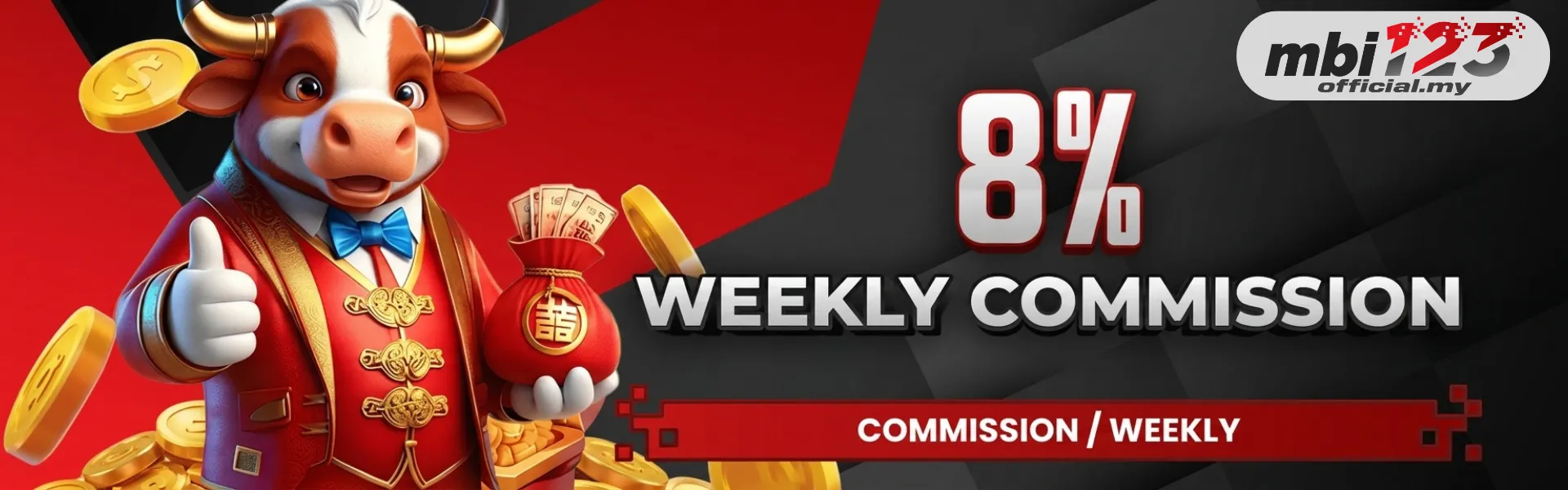 Red-suited bull mascot with money bag, coins, MBI123 logo and 8% weekly commission!