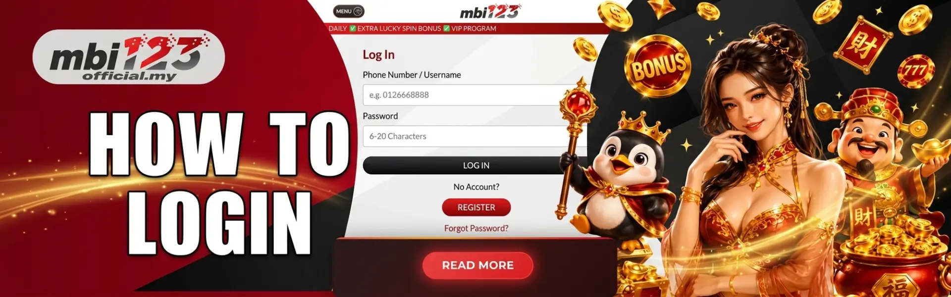 MBI123 login guide banner with form, king penguin, woman, and God of Wealth.