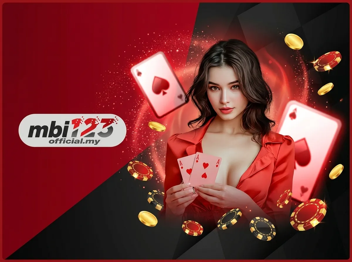 MBI123 casino banner with woman holding Ace cards, floating chips, and coins.