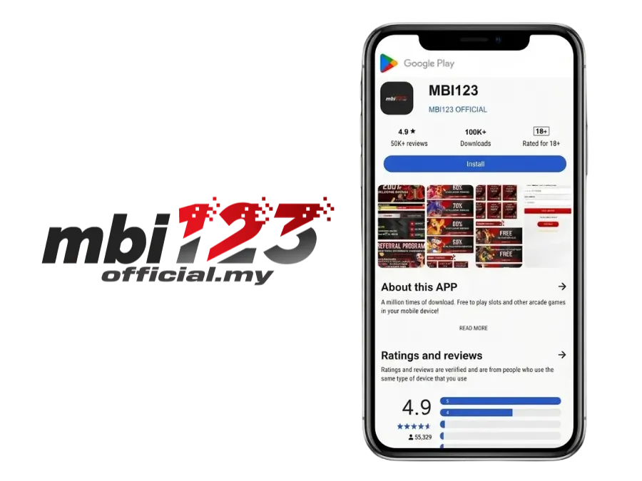 MBI123 mobile app listing on Google Play Store displayed on a smartphone screen.