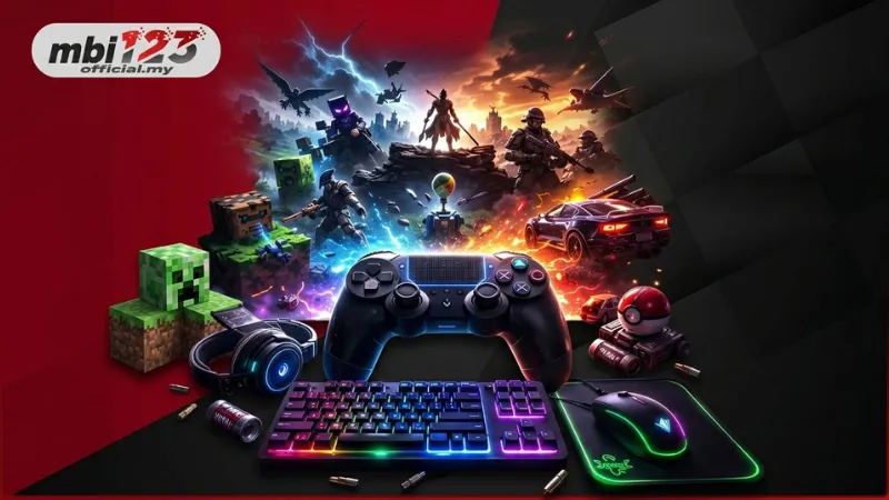 MBI123 esports banner with game controller, RGB keyboard, mouse, and game characters.