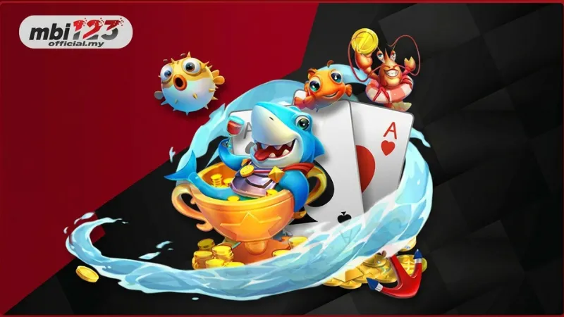 MBI123 fishing games banner with a shark character, cards, crab, and pufferfish.