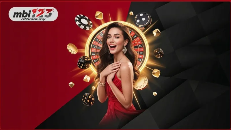 MBI123 roulette banner featuring a smiling woman in red, roulette wheel, and dice.