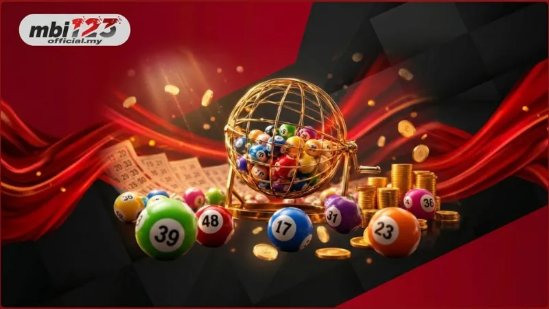 MBI123 lottery banner featuring a golden bingo cage, numbered balls, and coins