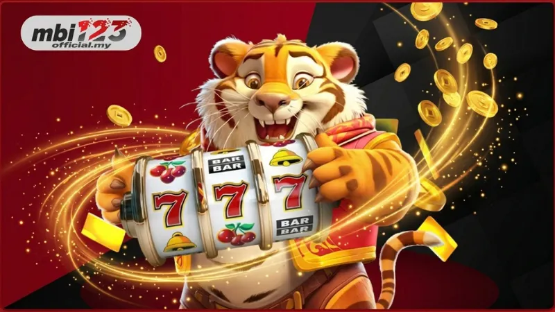 MBI123 slot banner featuring a cartoon tiger holding a classic slot machine.