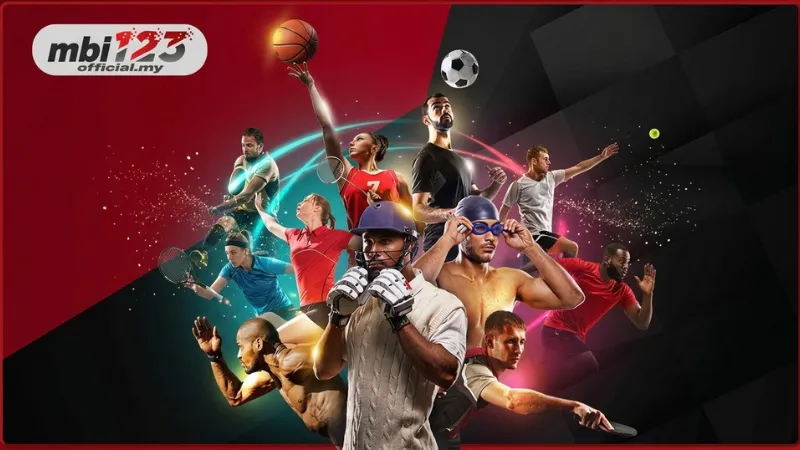 MBI123 sports banner with basketball, football, tennis, and cricket athlete